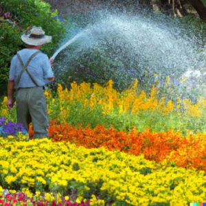 Gardener Watering a Flower Garden